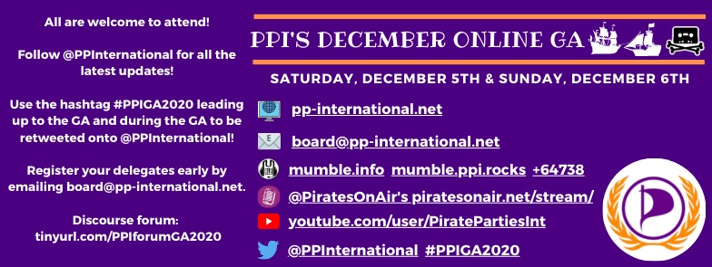 This week’s schedule includes our board meeting and Pirate Beer right before this weekend’s General Assembly!  Everything you need to know about PPI’s December Online General Assembly.