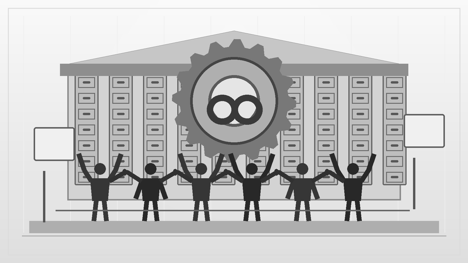 Grayscale illustration of workers standing together